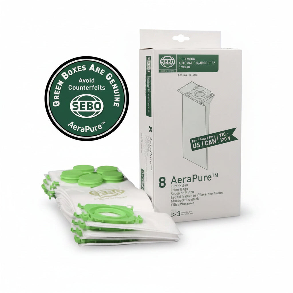 SEBO AeraPure filter bags and packaging on a white background