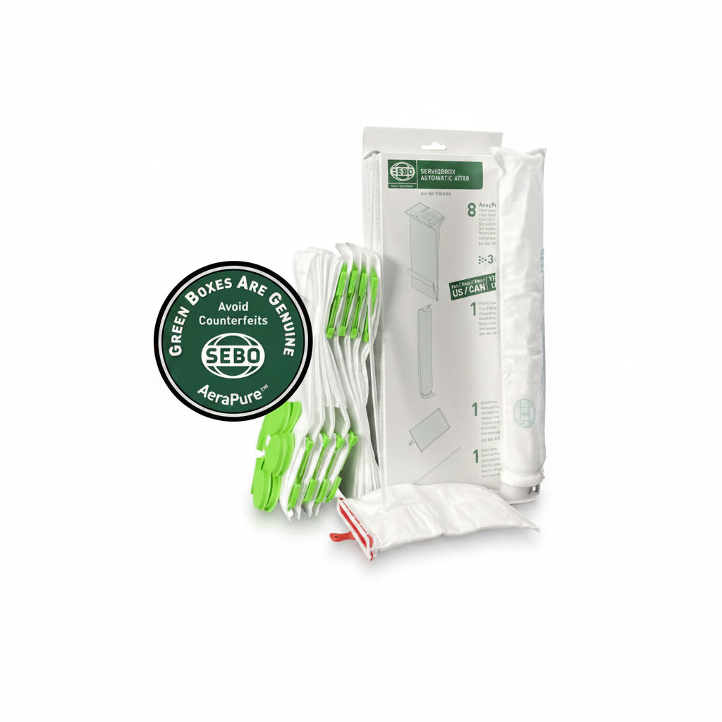 SEBO vacuum cleaner attachments and filters with packaging on a white background