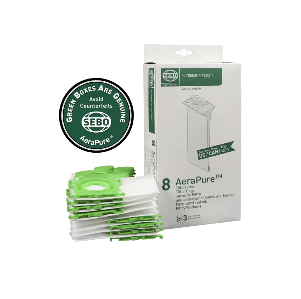Stack of Aerapure filter bags with a Sebo filter box packaging on a white background