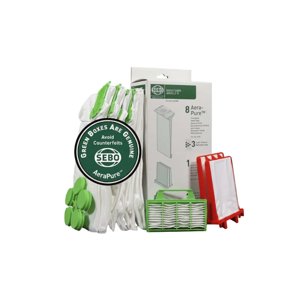 SEBO AeraPure filters and bags packaging with green and white design.