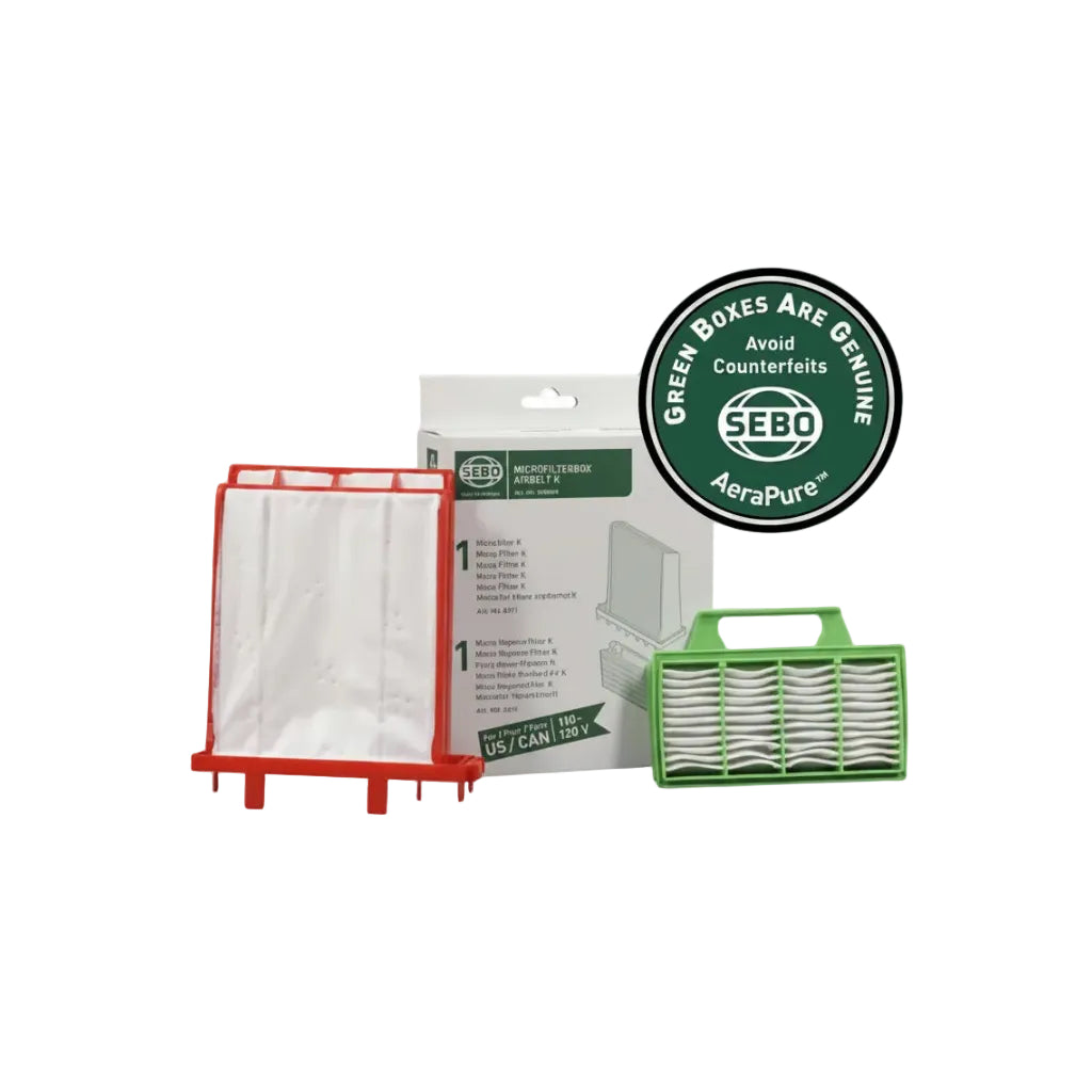 SEBO microfilter box and filters with packaging on a white background