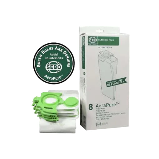 SEBO AeraPure filter packaging with green filters on a white background