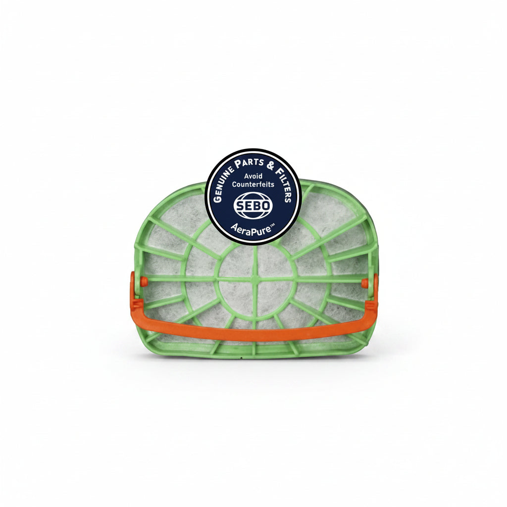 SEBO AeraPure air filter with green and orange frame on a white background