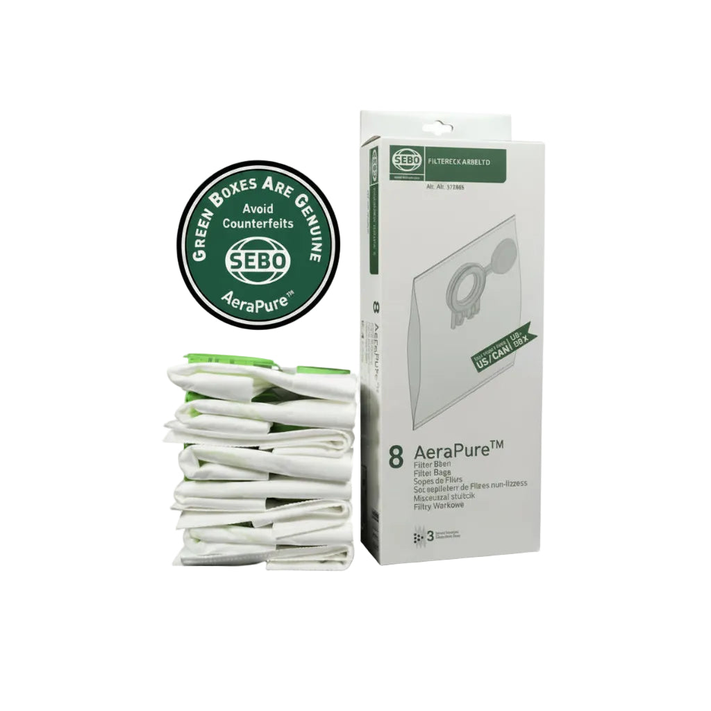 Sebo AeraPure filters with packaging on a white background