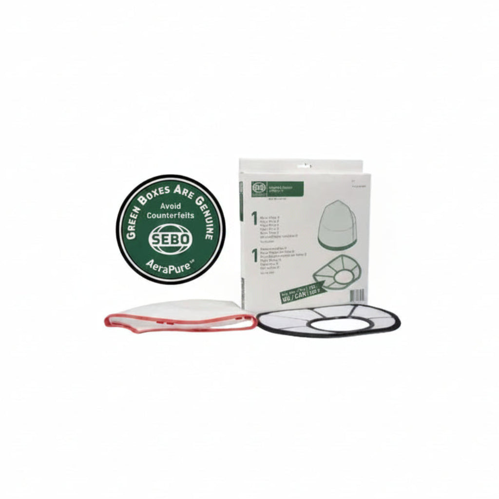 SEBO vacuum filter set with packaging on a white background