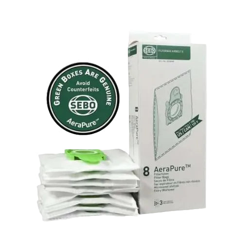 SEBO AeraPure filter bags with packaging on a white background