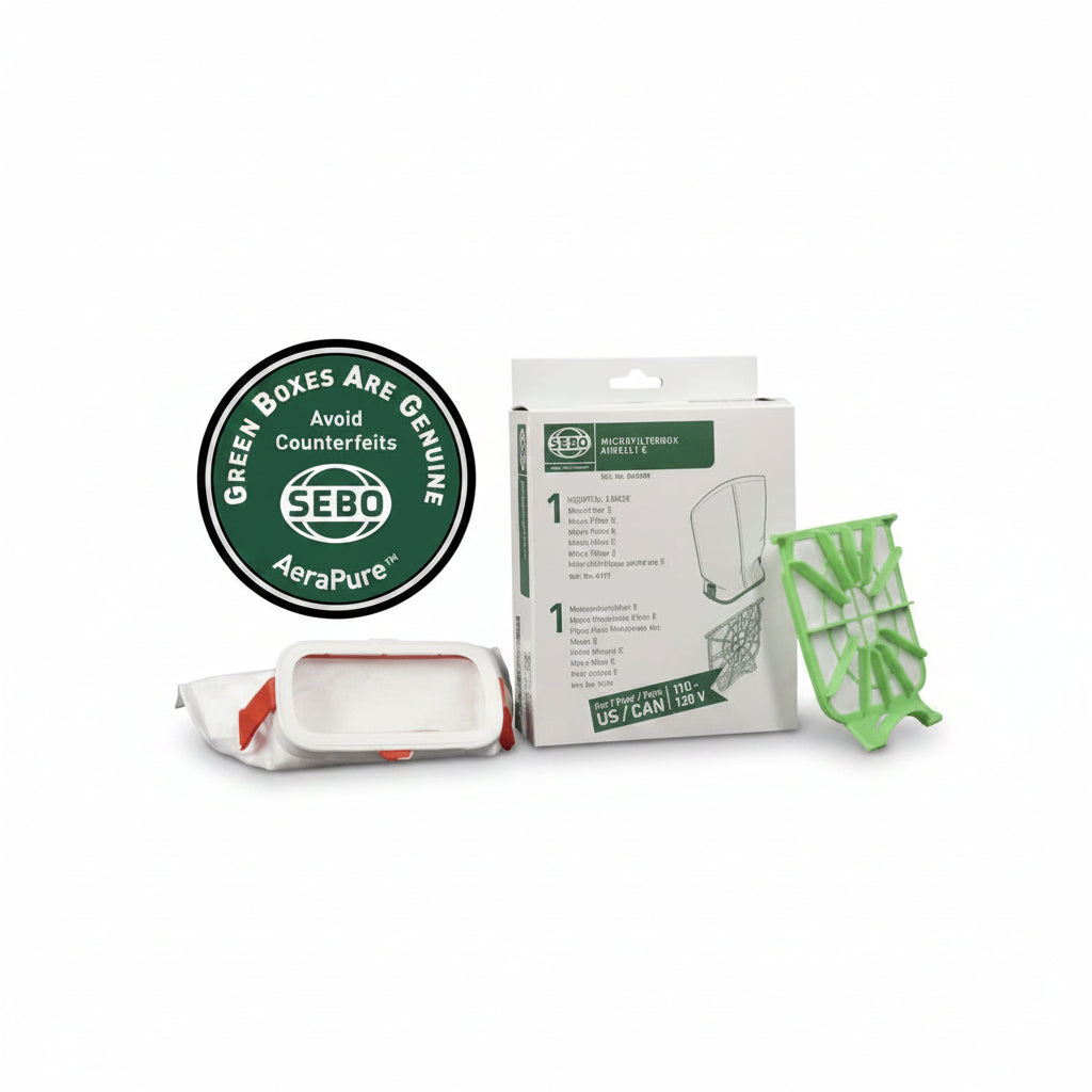 SEBO AeraPure air filter packaging with green and white design on a white background
