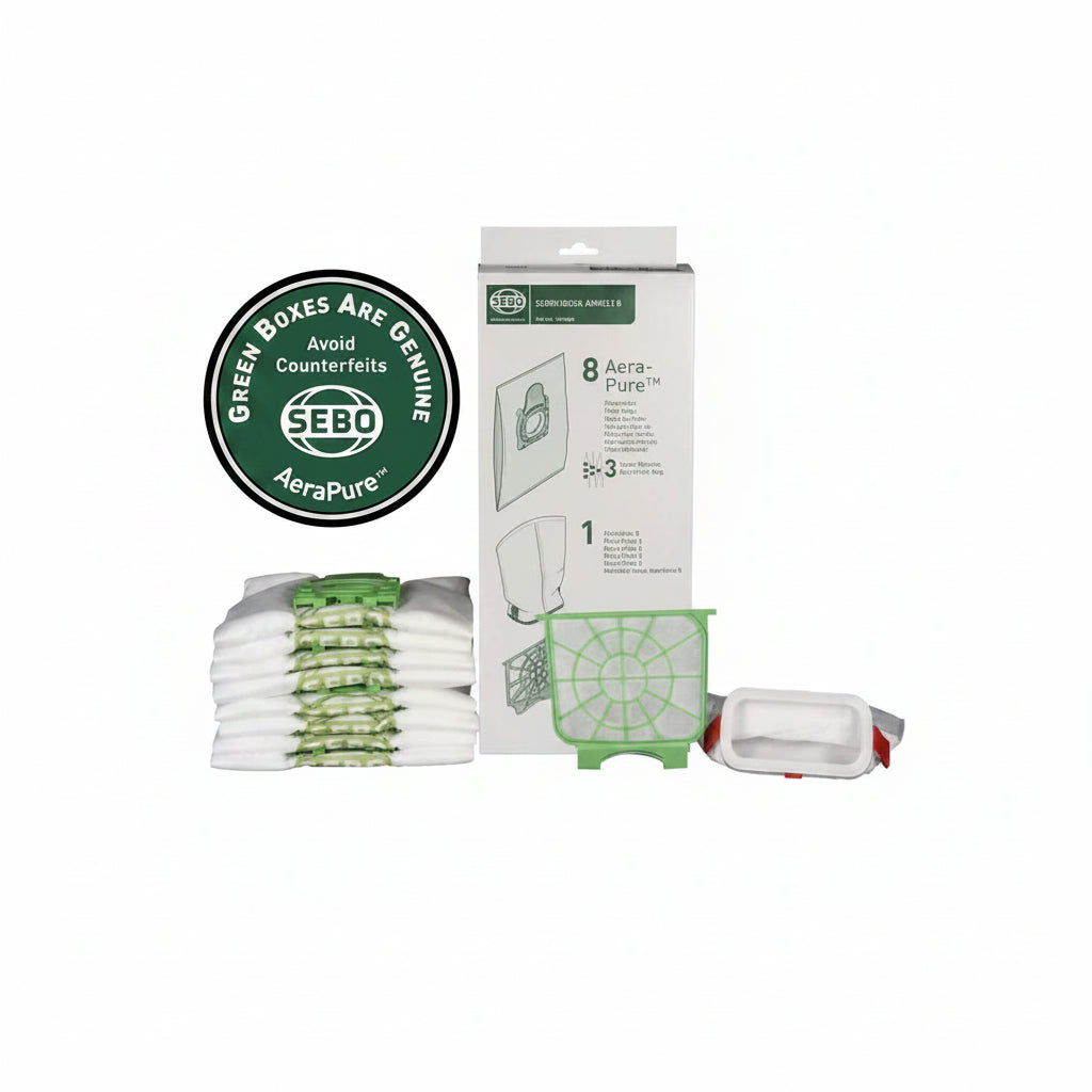 SEBO Aerapure filters and packaging on a white background