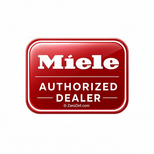 Red sign with 'Miele Authorized Dealer' text on a white background